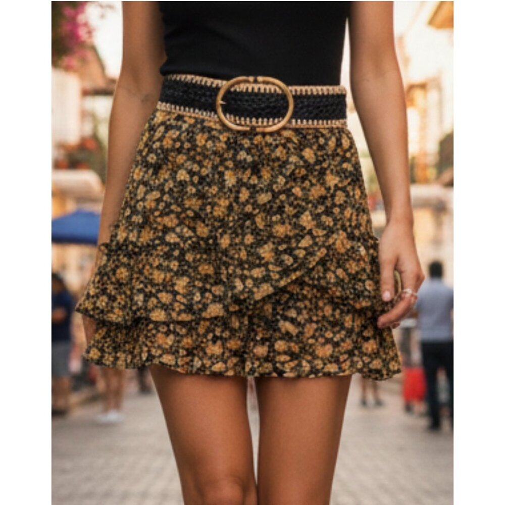 Sézane  Carolina Black & Yellow Floral Ruffle Tiered Mini Skirt Size FR 46/US 14